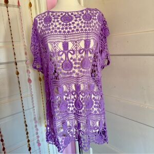 Design Works Purple Crochet Lace Top Size L Boho Sheer Cover Up Blouse
